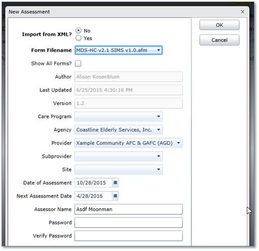 screenshot:  showing New Assessment dialog