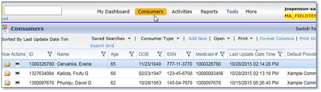 screenshot:  showing consumer list 
