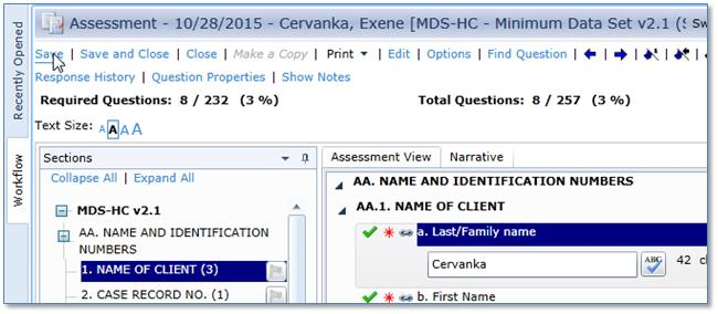 screenshot:  showing the SAMS Assessment