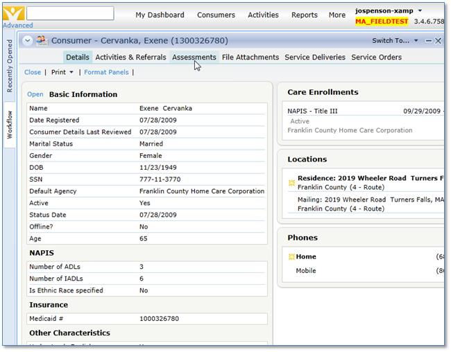 screenshot:   showing the located consumer record